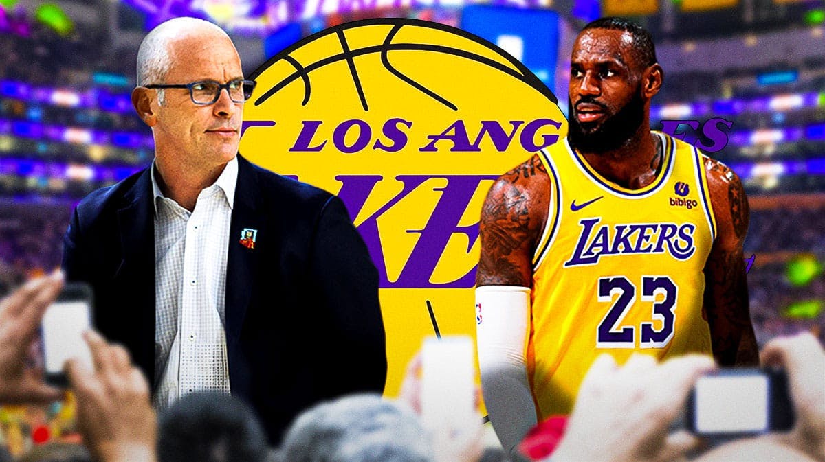 Dan Hurley and LeBron James in front of the Lakers logo