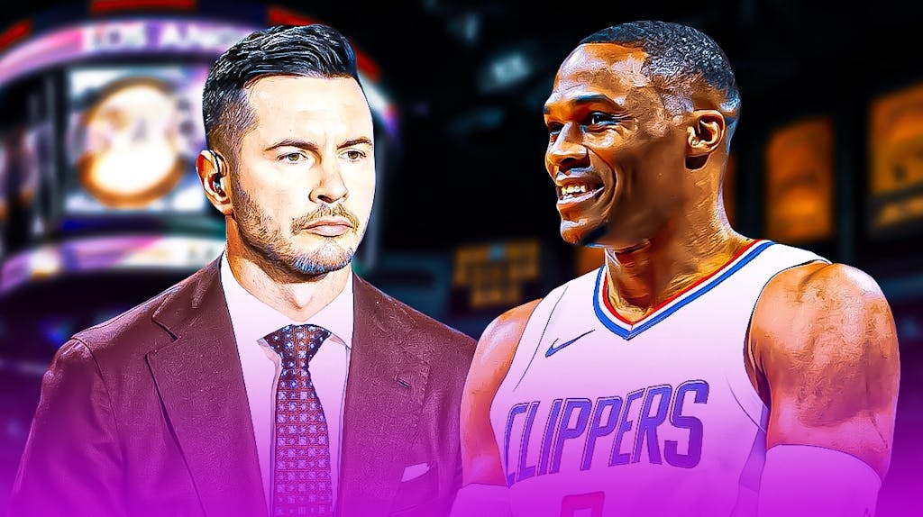 Los Angeles Lakers head coaching candidate JJ Redick and Russell Westbrook in front of Crypto.com Arena.