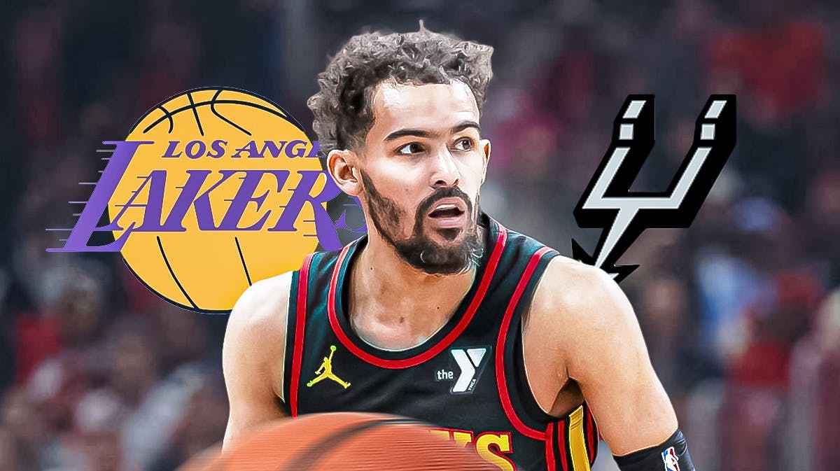 Trae Young with bulging eyes next to Lakers and Spurs logos