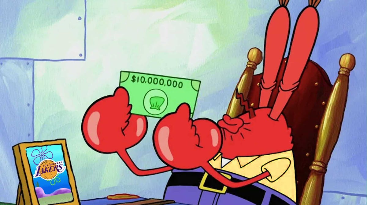 Mr Krabs with his clothes in Lakers' Purple and Gold color scheme, then replace the picture of his daughter with Lakers logo.