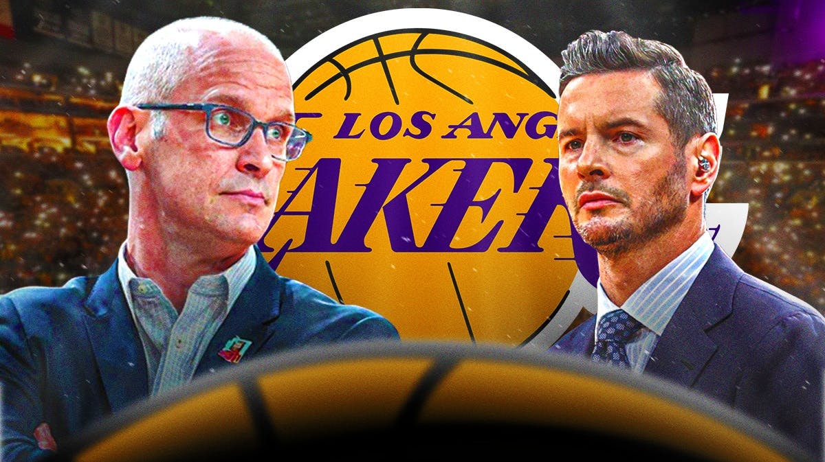 JJ Redick, UConn basketball coach Dan Hurley stand next to Lakers logo