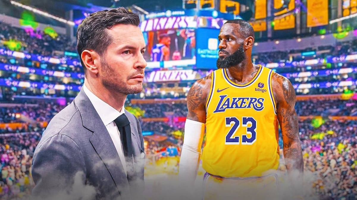 A recent image of JJ Redick alongside LeBron James with the Lakers arena in the background, coach