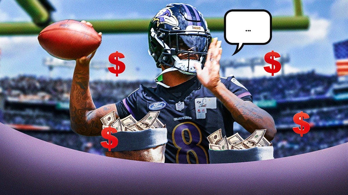 Baltimore Ravens QB Lamar Jackson surrounded by red dollar sign emojis and money bag emojis. Jackson has a speech bubble with the three dots emoji inside. There is also a logo for the Baltimore Ravens.