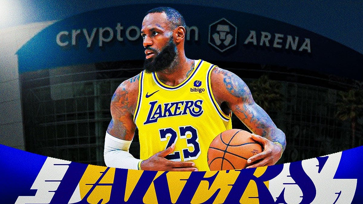 LeBron James in action in Lakers jersey, silhouette of Crypo.com Arena as background