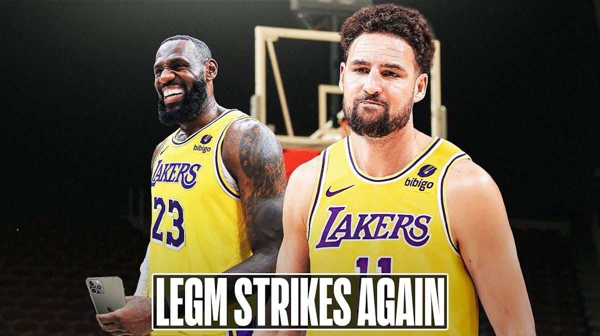 LeBron James holding a phone while smiling, with Klay Thompson in a Lakers uniform beside him, caption below: "LeGM STRIKES AGAIN"