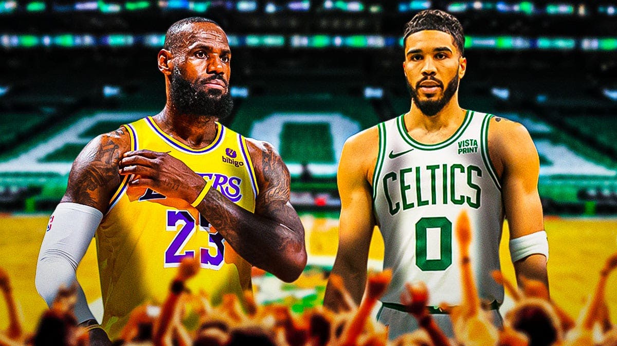 LeBron James alongside Jayson Tatum with the Celtics arena in the background, Mavericks NBA Finals