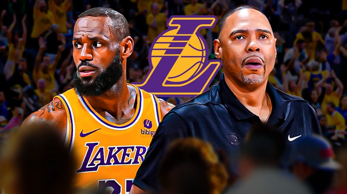 Lakers' LeBron James stands next to Nick Van Excel, NBA Draft logo, Bronny James in background