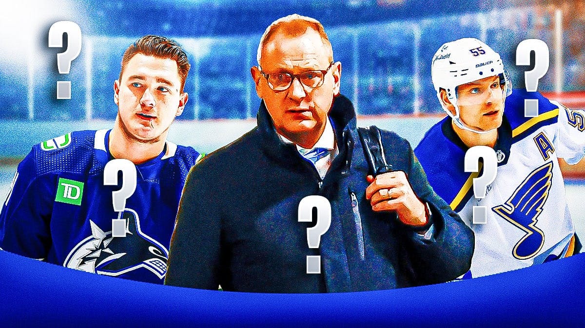 Brad Treliving in middle of image, Nikita Zadorov and Colton Parayko on either side, 3-5 question marks, hockey rink in background