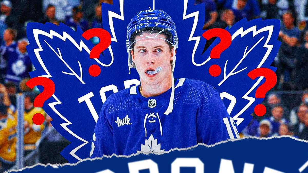 Mitch Marner in middle of image looking stern, 3-5 question marks, Toronto Maple Leafs logo, hockey rink in background