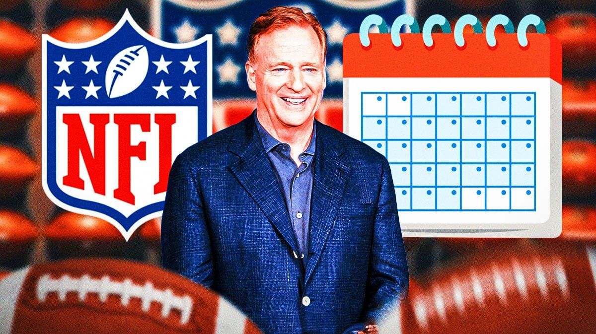 NFL Commissioner Roger Goodell next to a calendar. There is also a logo for the NFL.