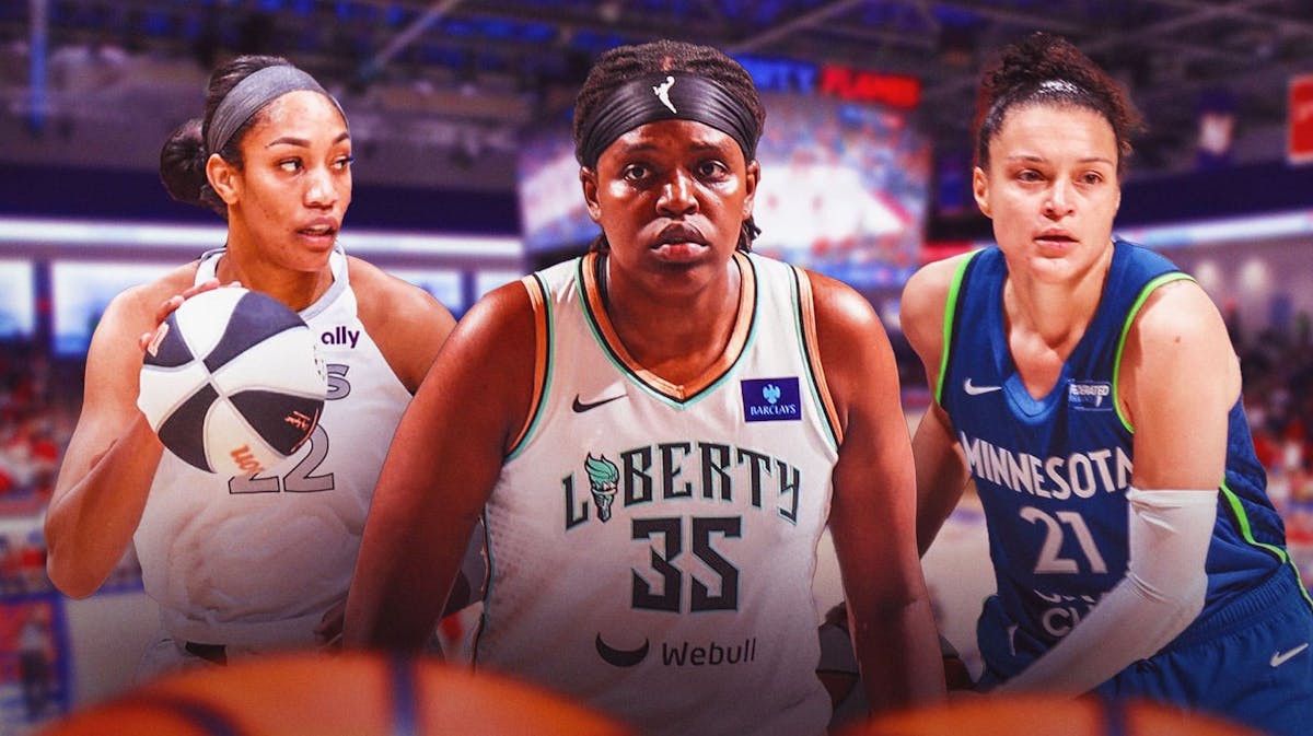 WNBA New York Liberty player Jonquel Jones in the center, with Las Vegas Aces player A'ja Wilson on one side, and Minnesota Lynx player Kayla McBride on the other side, representing thsi week's WNBA Power Rankings