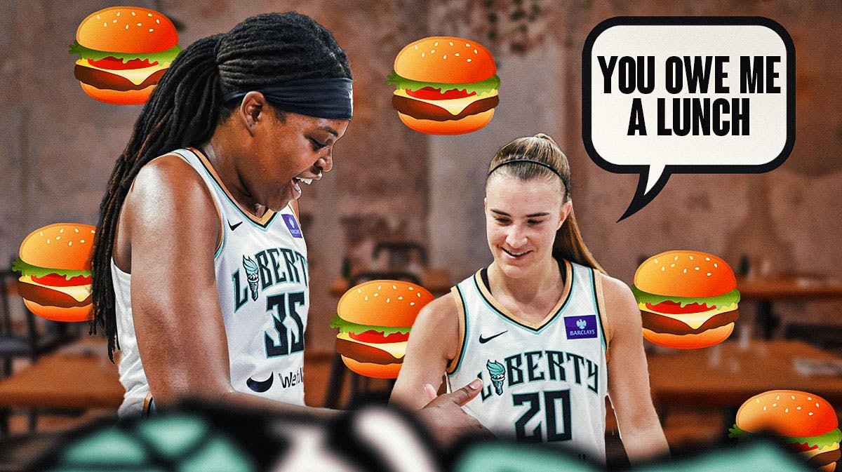 Quote referred to here is Sabrina Ionescu (Liberty) saying Jonquel Jones (Liberty) owes her lunch. Can we get the two of them as the primary focus, either with a restaurant background OR Barclays Center interior background and some hamburger emojis