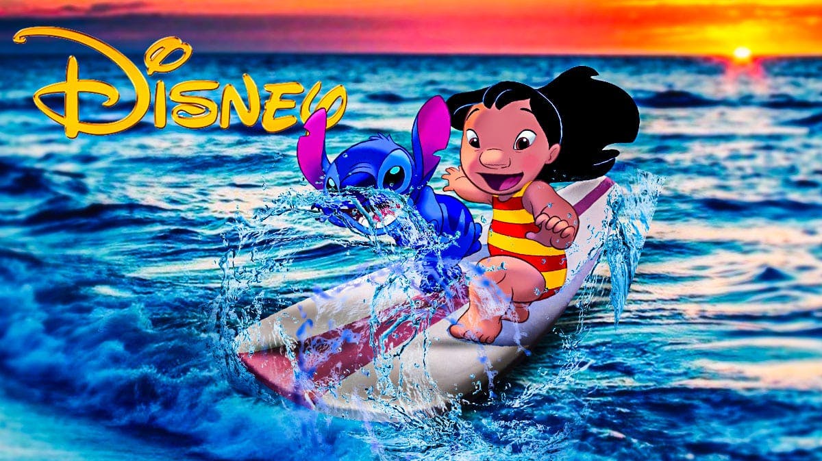 Lilo and Stitch from animated film with Disney logo ahead of live-action remake and beach background.