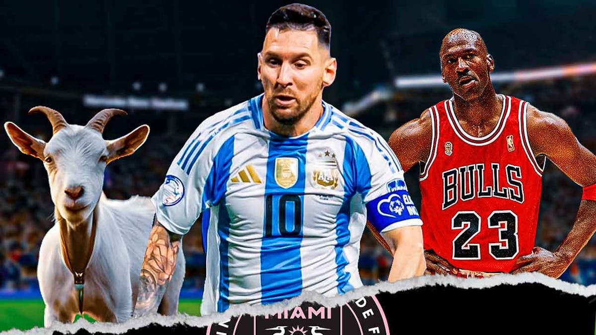 Inter Miami's Lionel Messi stands next to Bulls' Michael Jordan, goat next to the stars