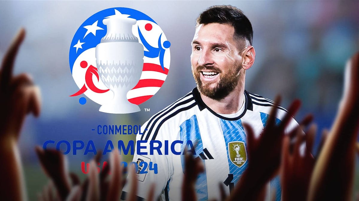Lionel Messi smiling in front of the Copa America logo