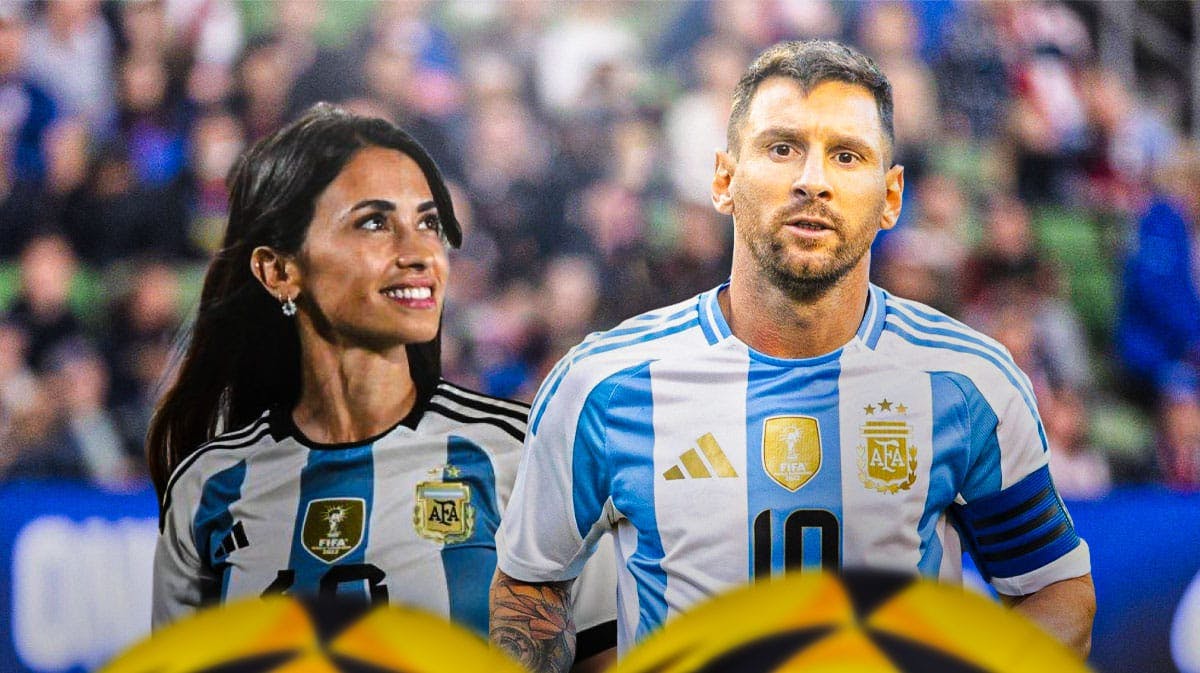 Lionel Messi and Antonela Roccuzzo in front of a soccer field