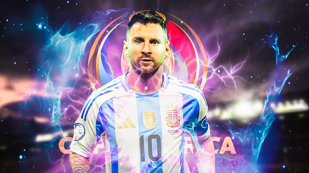 Lionel Messi with a shining aura around him in front of the Copa America logo