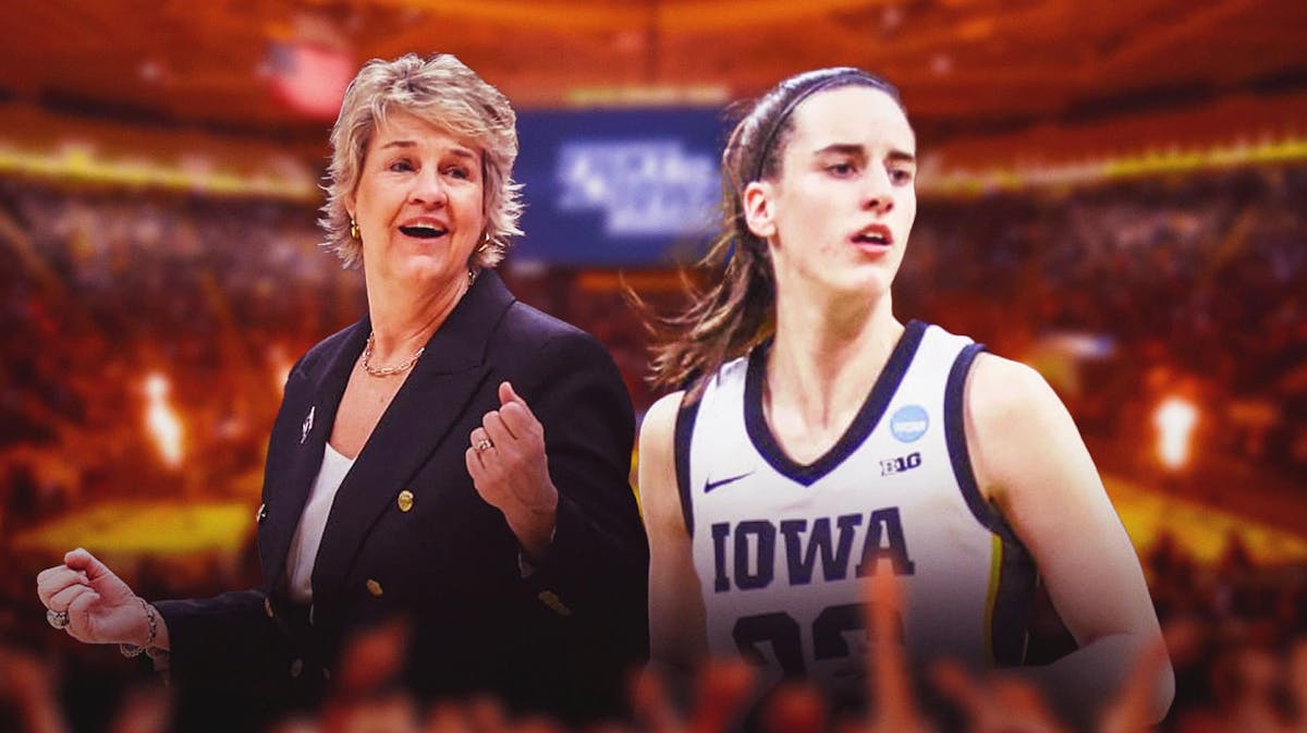 Former Iowa women's basketball coach Lisa Bluder, and Caitlin Clark in an Iowa Hawkeyes uniform
