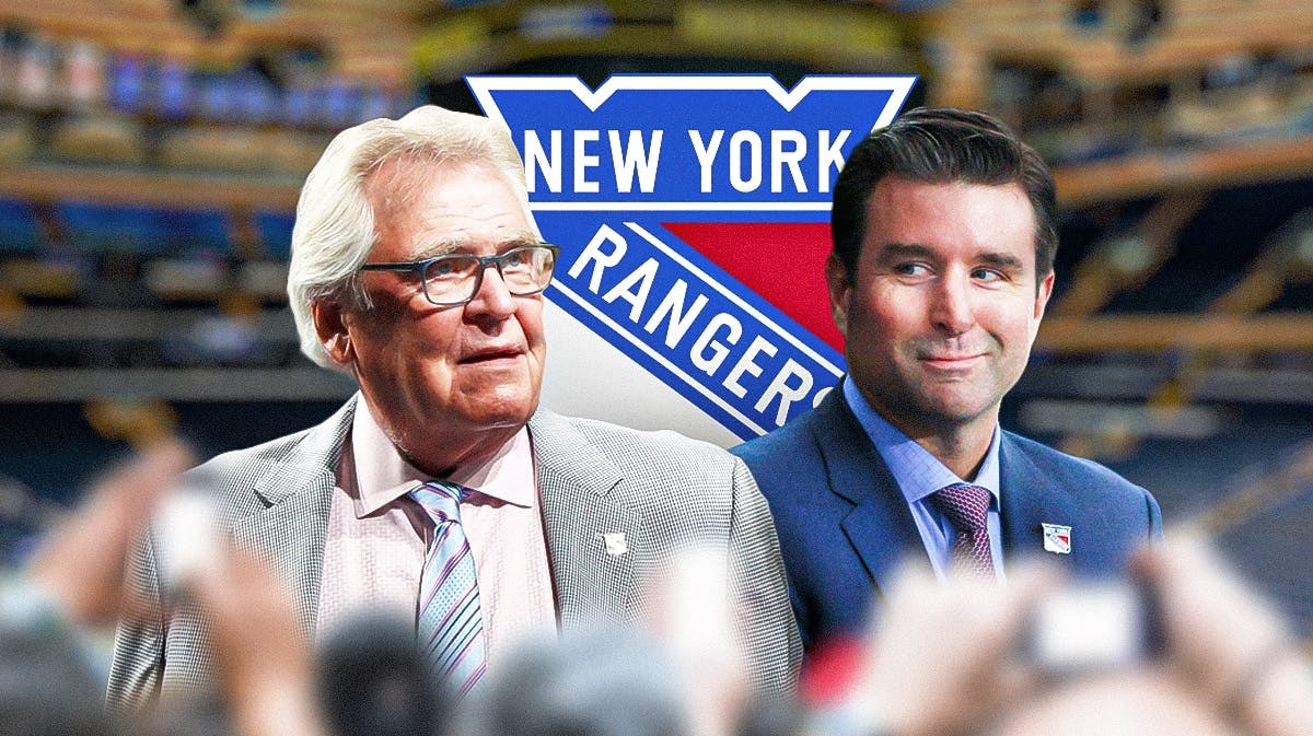 Glen Sather, Chris Drury in street clothes. Rangers logo and Madison Square Garden in the background