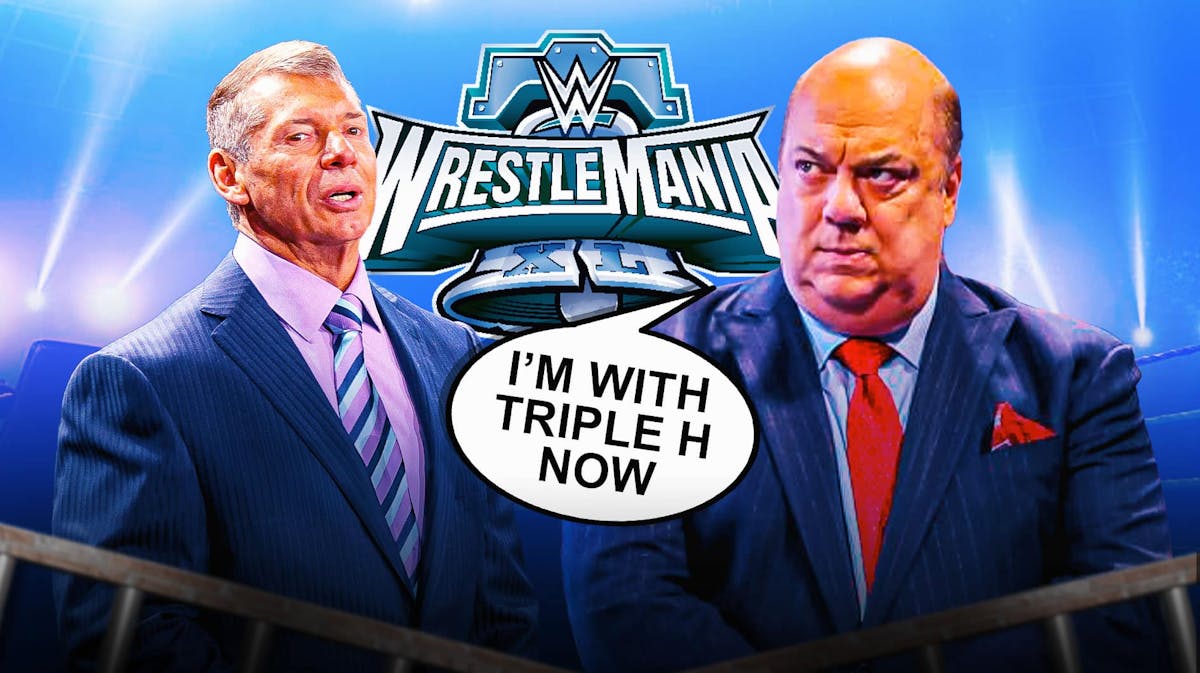 Paul Heyman with a text bubble reading "I’m with Triple H now" next to Vince McMahon with the WrestleMania 40 logo as the background.