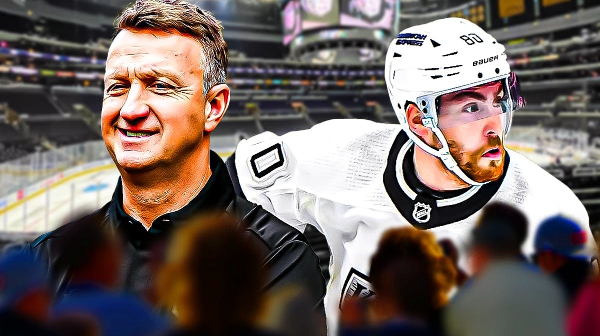 Los Angeles Kings GM Rob Blake with former Kings forward Pierre-Luc Dubois. Please use Crypto.com Arena as the background image.