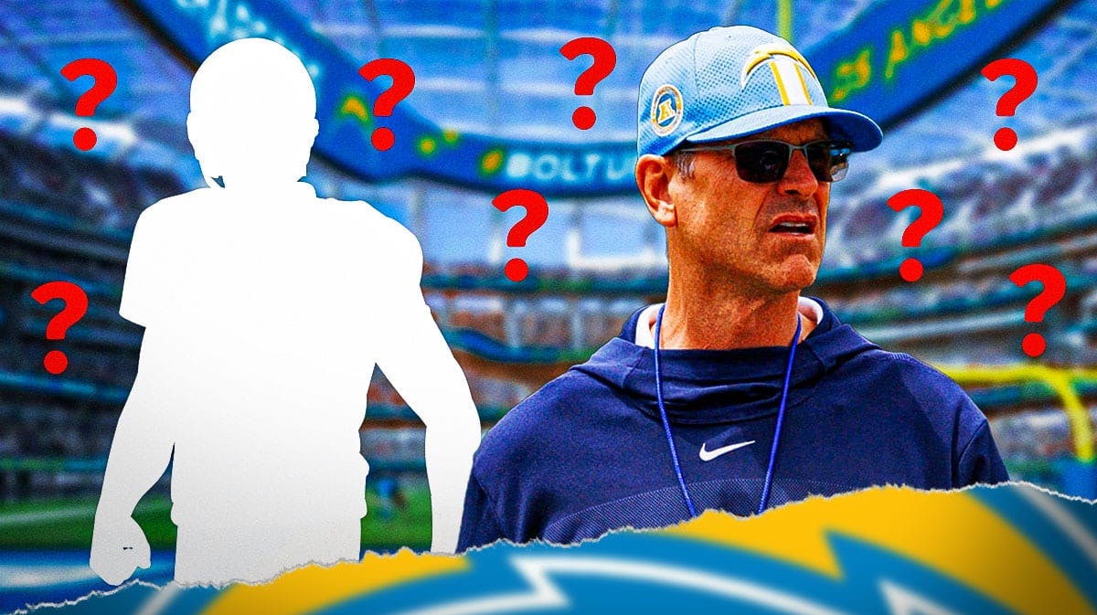 Los Angeles Chargers head coach Jim Harbaugh with a silhouette of an American football player with a big question mark inside. There is also a logo for the Los Angeles Chargers.