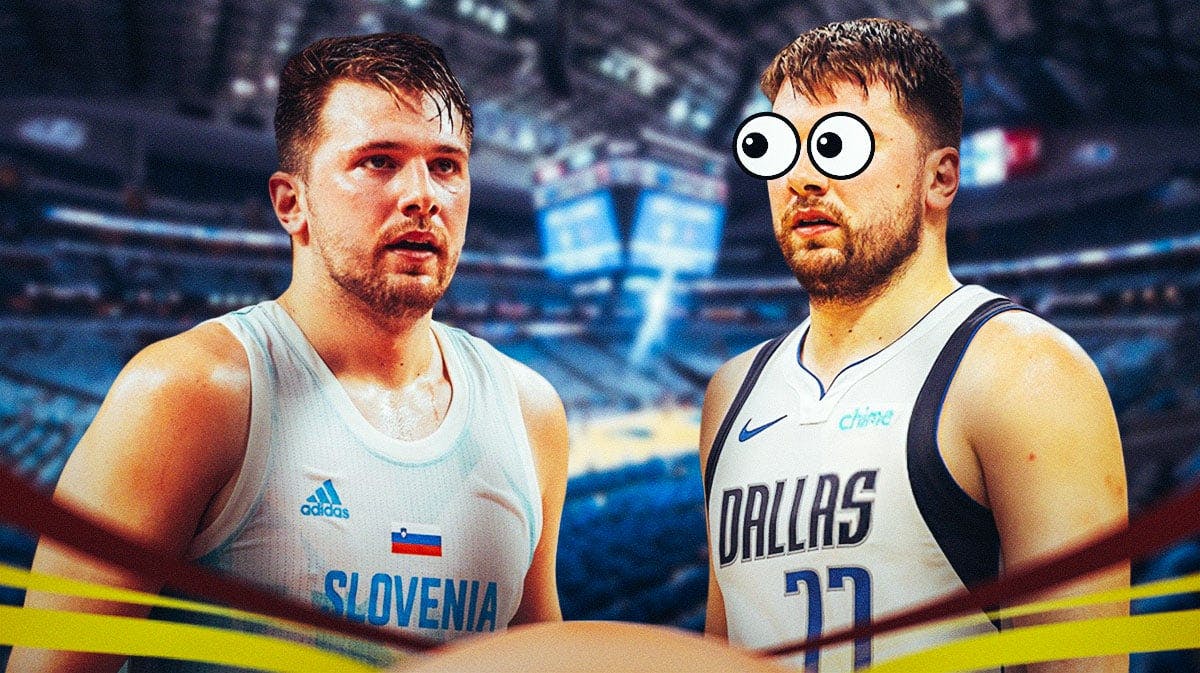 Mavericks Luka Doncic eyes popping out looking at Luka Doncic in a Slovenia National Team uniform.