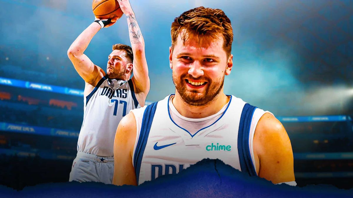 Mavericks Luka Doncic smiling in front. In background, need Luka Doncic shooting a basketball in NBA Finals.