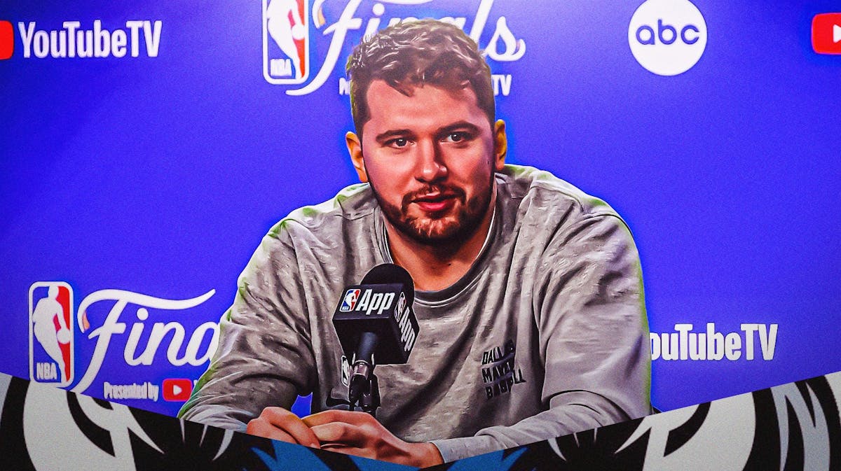Mavericks Luka Doncic sitting at a table with a microphone in front of him. 2024 NBA Finals image.