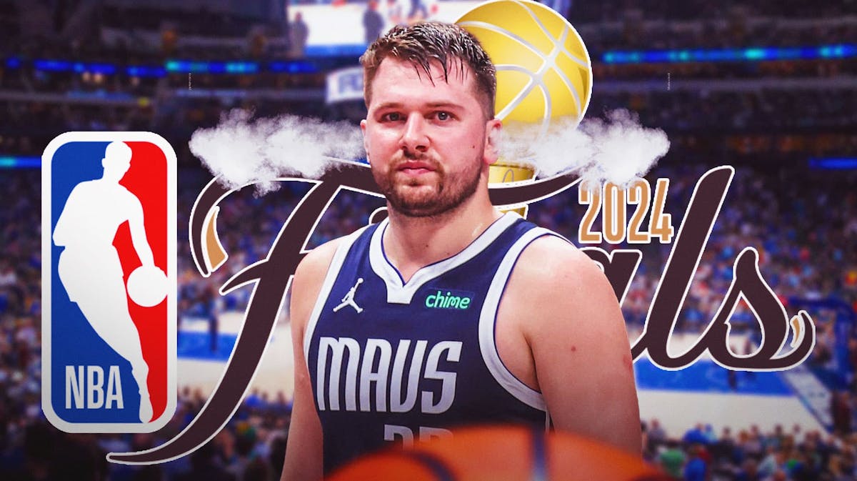 Mavericks' Luka Doncic with smoke coming out of his ears and looking serious. Place the NBA Finals' 2024 logo in background.