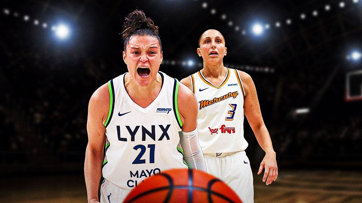 Minnesota Lynx player Kayla McBride in the foreground of the graphic, and Phoenix Mercury player Diana Taurasi in the background