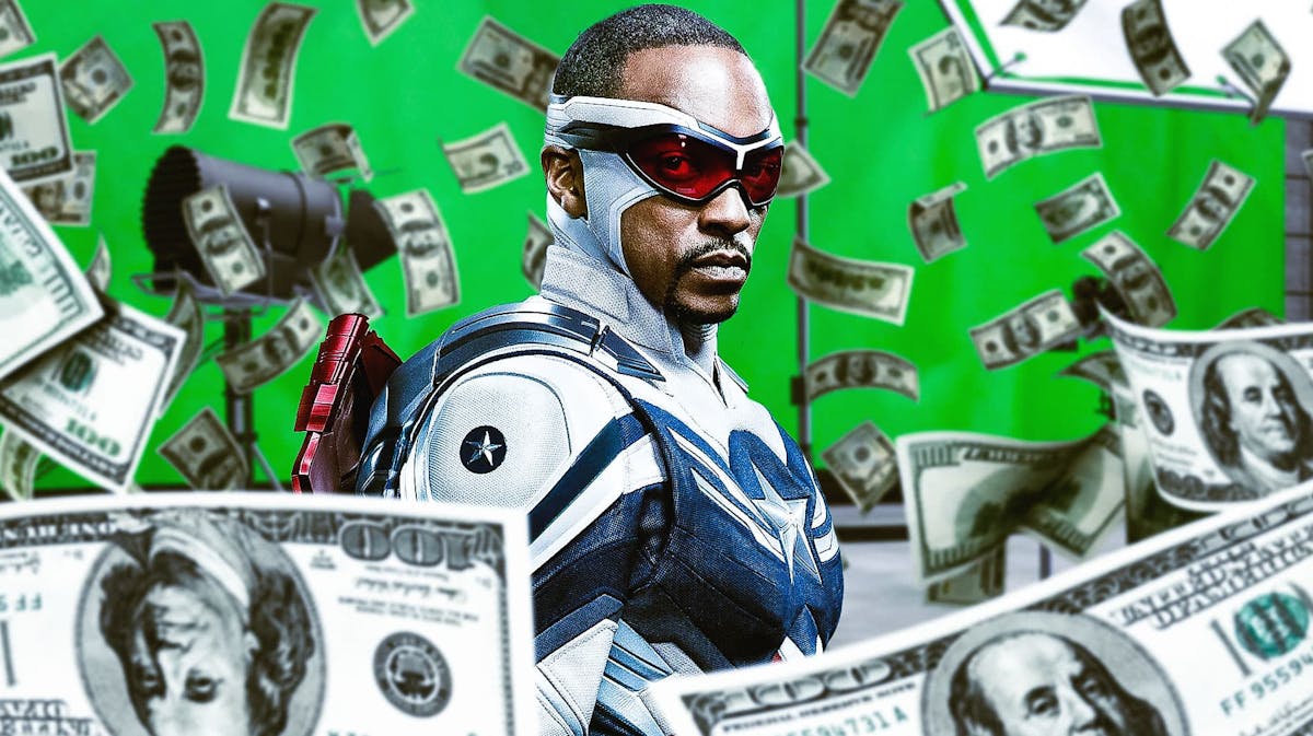 Captain America 4 (Brave New World) star Anthony Mackie with cash all around him and movie set background.