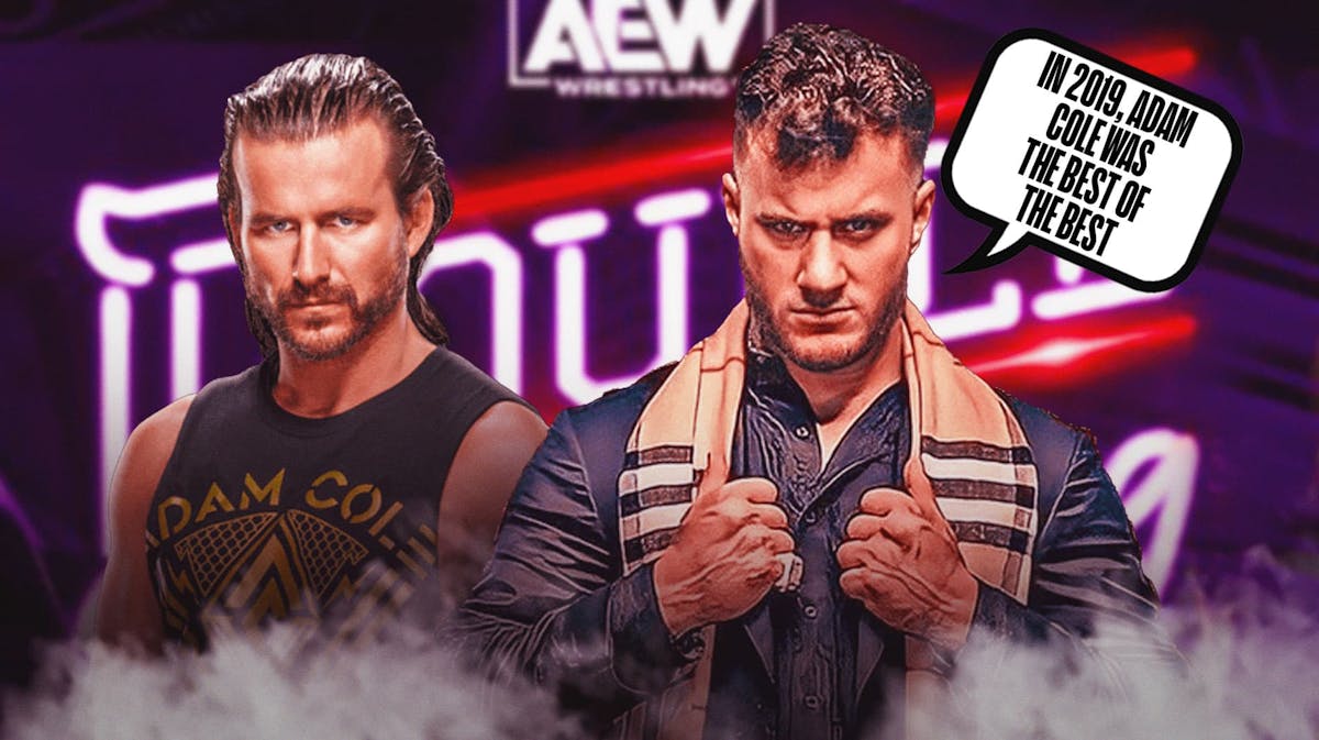 MJF with a text bubble reading "In 2019, Adam Cole was the best of the best" next to Adam Cole with the AEW Double or Nothing logo as the background.