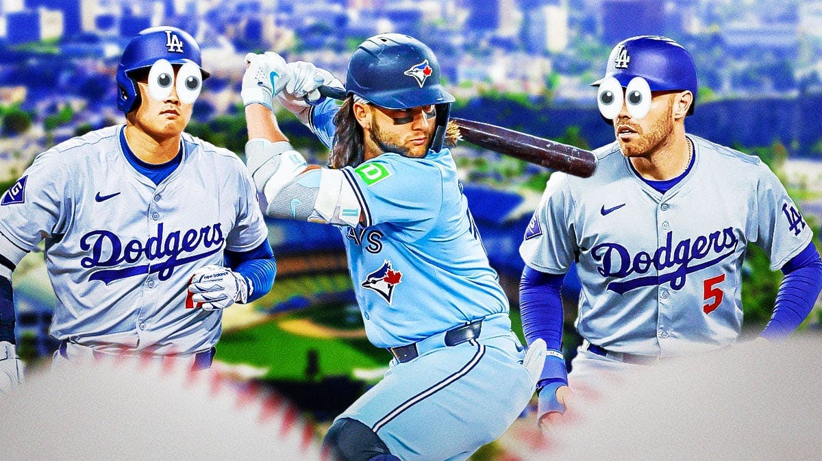 Dodgers Shohei Ohtani and Dodgers Freddie Freeman with eyes popping out looking at Blue Jays Bo Bichette swinging a baseball bat.
