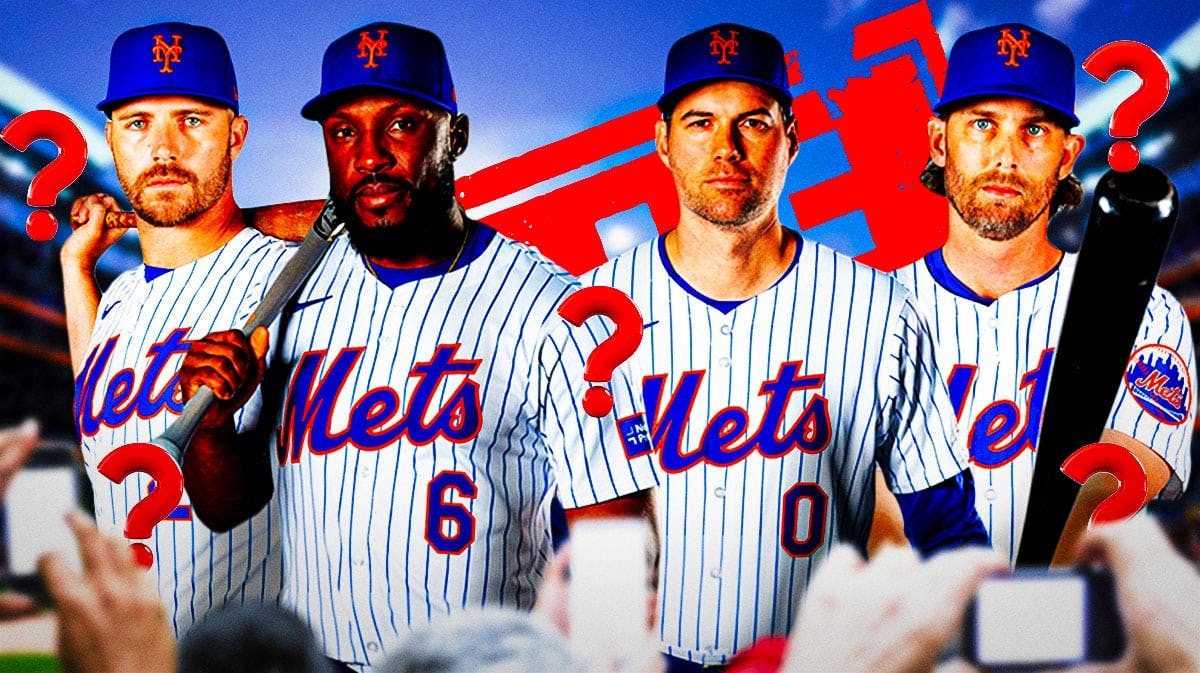 Photo: Pete Alonso, Starling Marte, Adam Ottavino, Jeff McNeil all looking serious in Mets jerseys, have a for sale sign in background with question marks