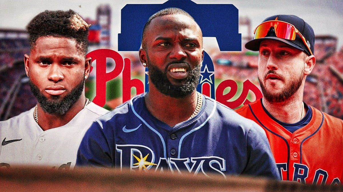 Tampa Bay Rays player Randy Arozarena in the middle with Chicago White Sox player Luis Robert Jr. and Houston Astros player Kyle Tucker on either side of him and a Phillies logo