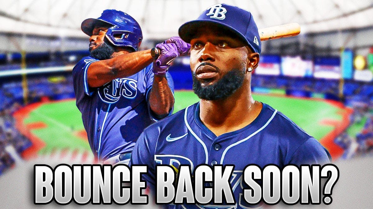 Rays' Randy Arozarena swinging, with a pic of him sad on the side, with caption below: BOUNCE BACK SOON?