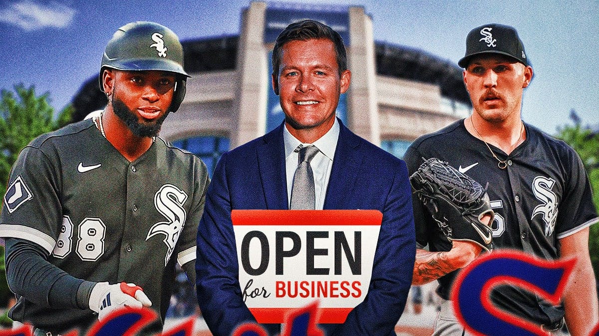 White Sox GM Chris Getz holding an "OPEN FOR BUSINESS" sign outside Guaranteed Rate Field, with Luis Robert Jr. and Garrett Crochet beside him