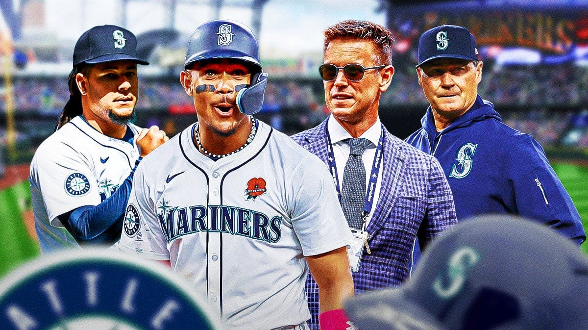 Seattle Mariners players Julio Rodriguez and Luis Castillo, Mariners GM Jerry Dipoto and manager Scott Servais