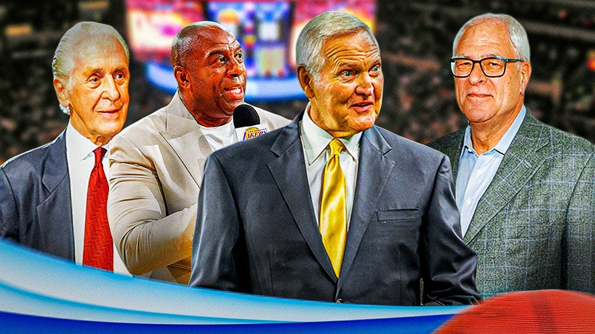 Lakers icons Jerry West, Magic Johnson, Pat Riley, and Phil Jackson in front of Crypto.com Arena.