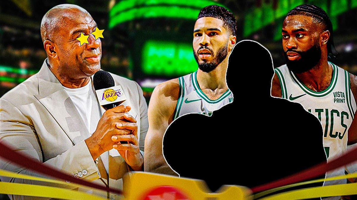Magic Johnson on one side with stars in his eyes, Jayson Tatum, Jaylen Brown, and a silhouette of a basketball player on the other side