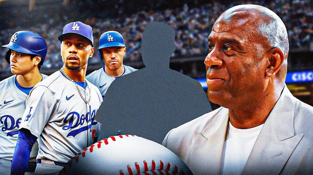 Magic Johnson smiling at Dodgers' Shohei Ohtani, Mookie Betts, and Freddie Freeman, with a silhouette of Teoscar Hernandez beside them