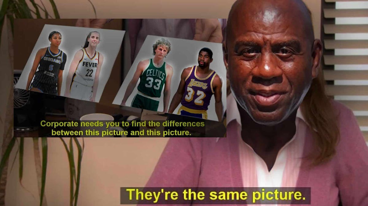 Magic Johnson in the they're the same picture meme, with picture of Sky's Angel Reese and Fever's Caitlin Clark on one pic, and a pic of Lakers' Magic Johnson and Celtics' Larry Bird on the other