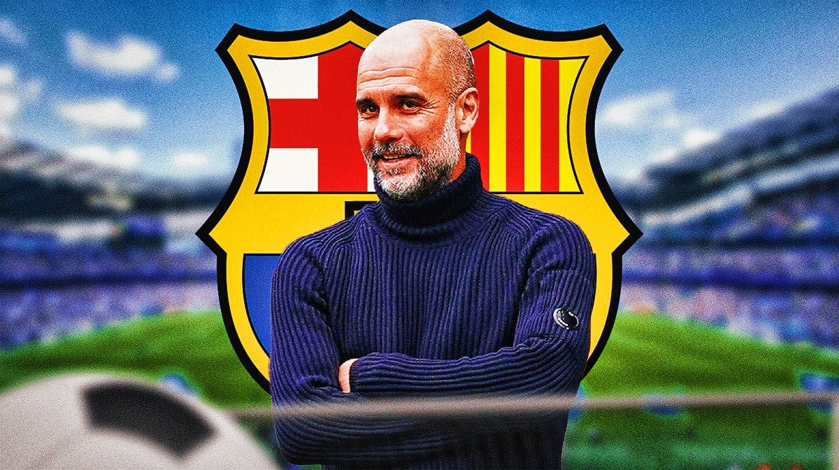 Pep Guardiola in front of the Manchester City and Barcelona logos