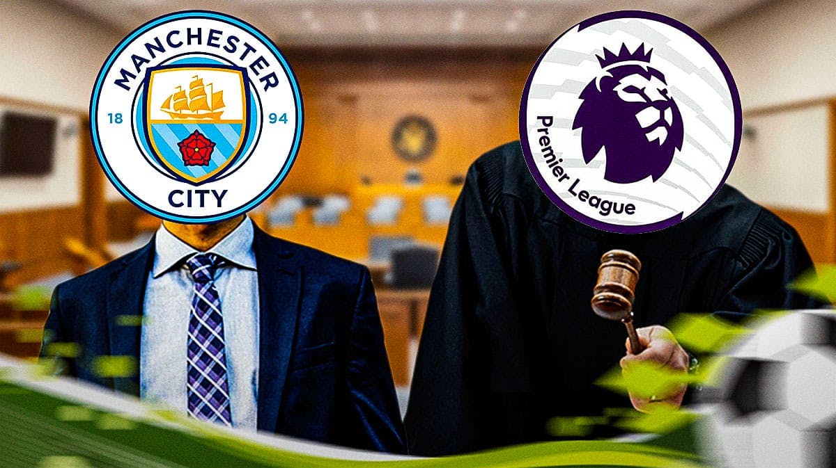 A courthouse scene, where the Premier League logo is over a judges face, and an accused person or lawyer next to him has the Manchester City logo over his face