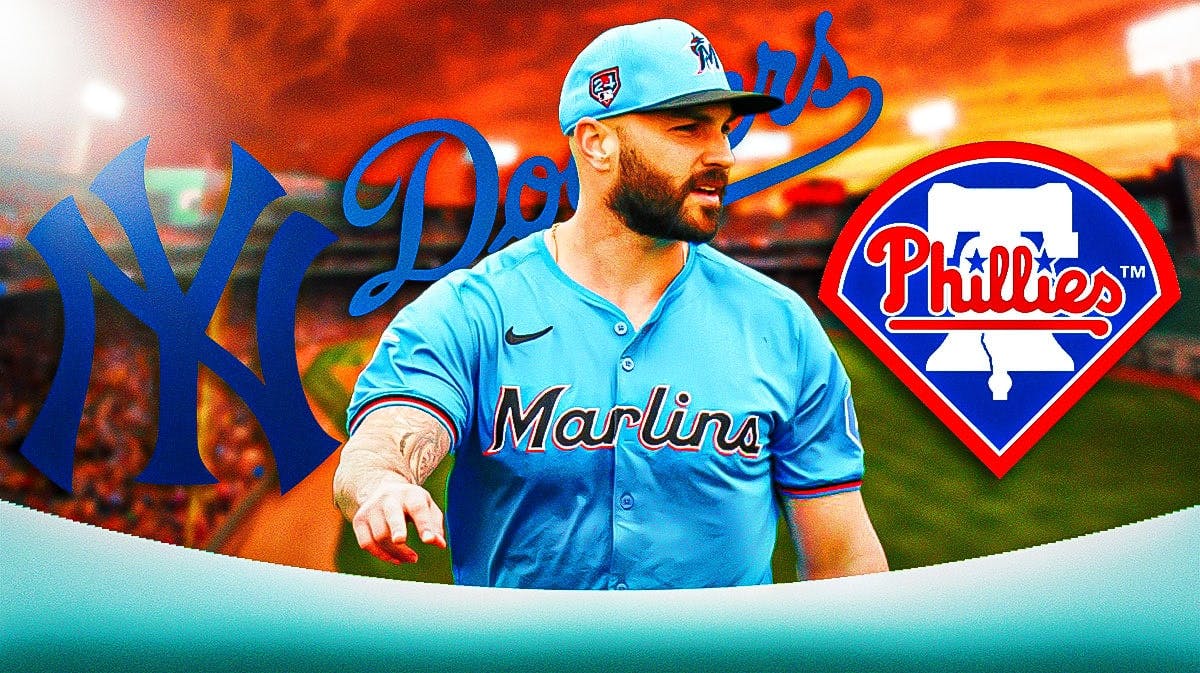 Miami Marlins pitcher Tanner Scott with Dodgers, Phillies, Yankees logos