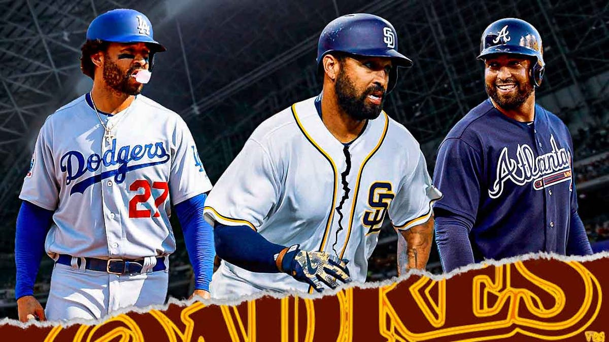 Matt Kemp ripping off a Padres jersey, with pics of him smiling in a Braves and Dodgers uni on the side