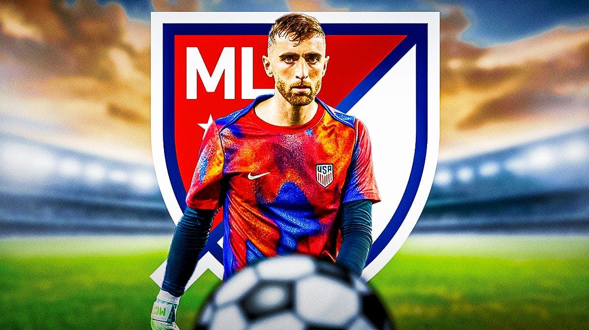 Matt Turner in front of the MLS logo
