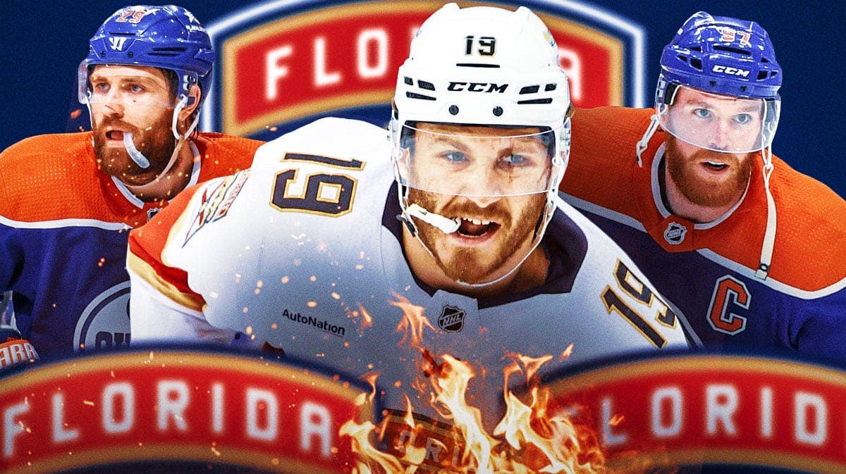 Matthew Tkachuk in middle of image looking happy with fire around him, Connor McDavid and Leon Draisaitl on either side looking stern, Florida Panthers logo, hockey rink in background