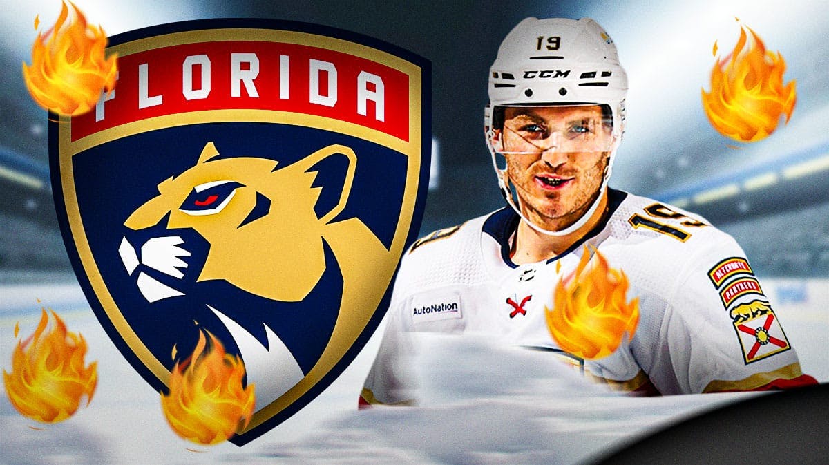 Matthew Tkachuk in middle of image with fire around him looking happy, Stanley Cup in image, Florida Panthers logo, hockey rink in background